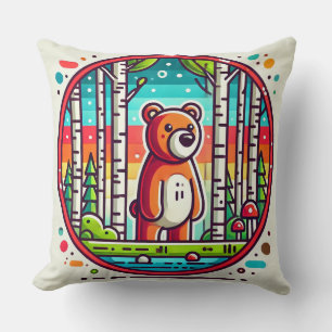 Cartoon Bear in a Colourful Forest Throw Pillow