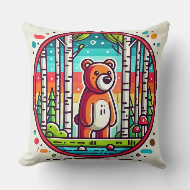 Cartoon Bear in a Colourful Forest Throw Pillow (Front)