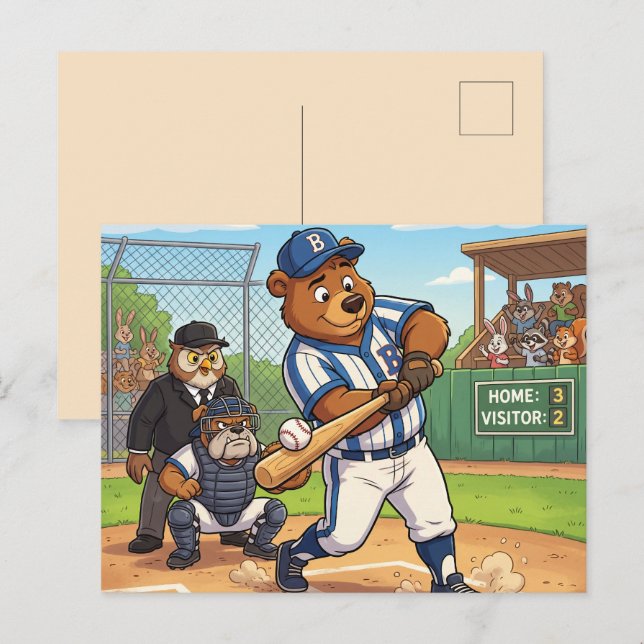 Cartoon Bear Playing Baseball Holiday Postcard (Front/Back)