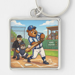Cartoon Bear Playing Baseball Keychain