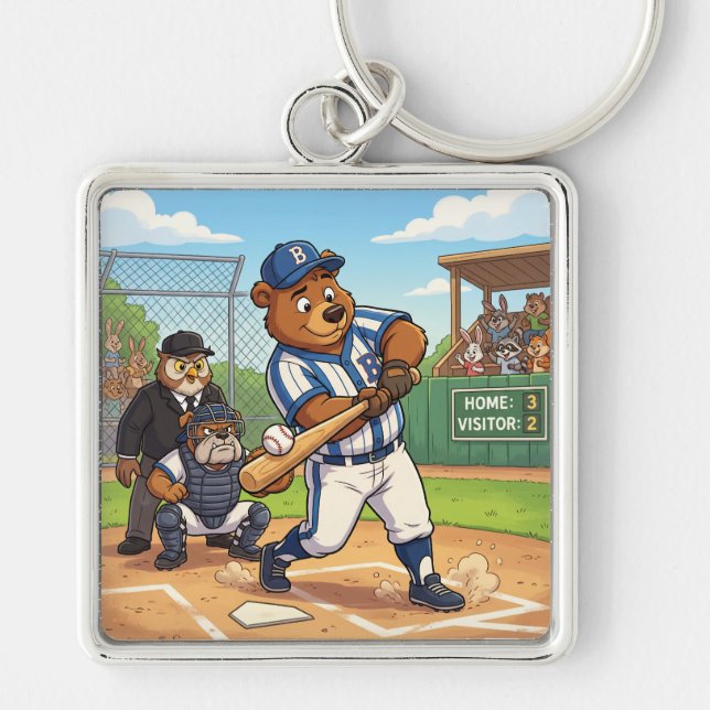 Cartoon Bear Playing Baseball Keychain (Front)