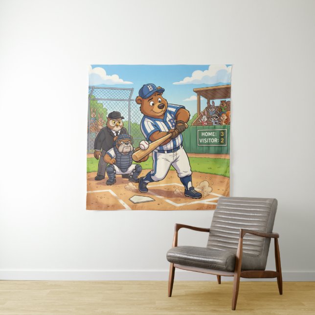 Cartoon Bear Playing Baseball Tapestry (In Situ)
