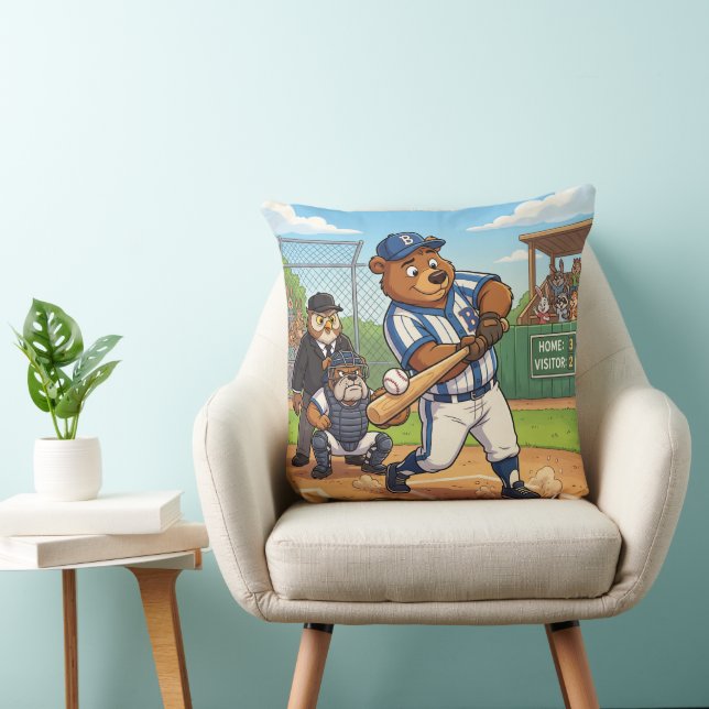 Cartoon Bear Playing Baseball Throw Pillow (Chair)