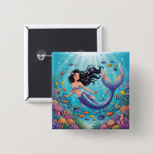 Cartoon Beautiful Mermaid under the Sea 2 Inch Square Button