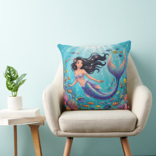 Cartoon Beautiful Mermaid under the Sea Throw Pillow