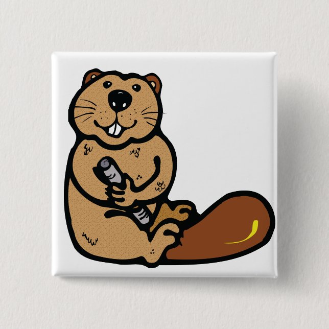 Cartoon Beaver for International Beaver Day 2 Inch Square Button (Front)