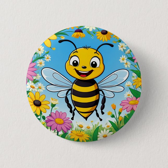 Cartoon Bee Colourful Flowers  2 Inch Round Button (Front)