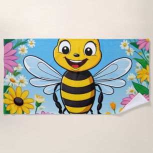 Cartoon Bee Colourful Flowers  Beach Towel