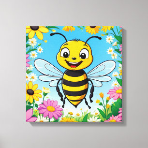 Cartoon Bee Colourful Flowers  Canvas Print