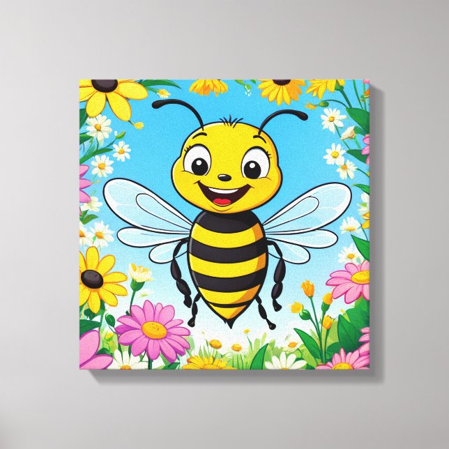 Cartoon Bee Colourful Flowers  Canvas Print (Front)