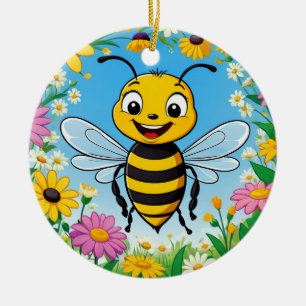Cartoon Bee Colourful Flowers Ceramic Ornament