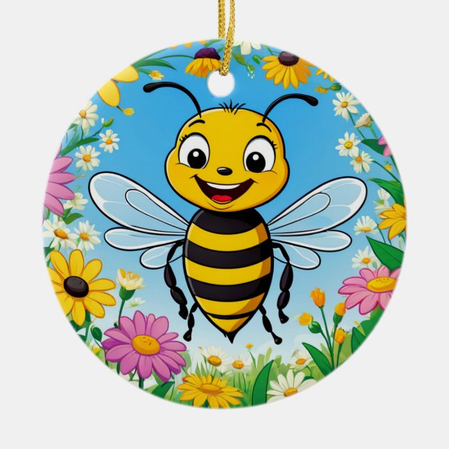 Cartoon Bee Colourful Flowers  Ceramic Ornament (Front)