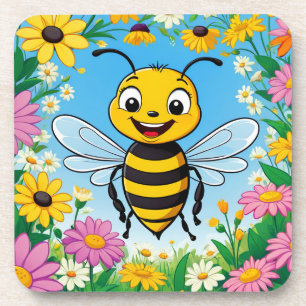 Cartoon Bee Colourful Flowers Coaster