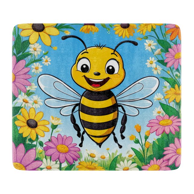 Cartoon Bee Colourful Flowers  Cutting Board (Front)