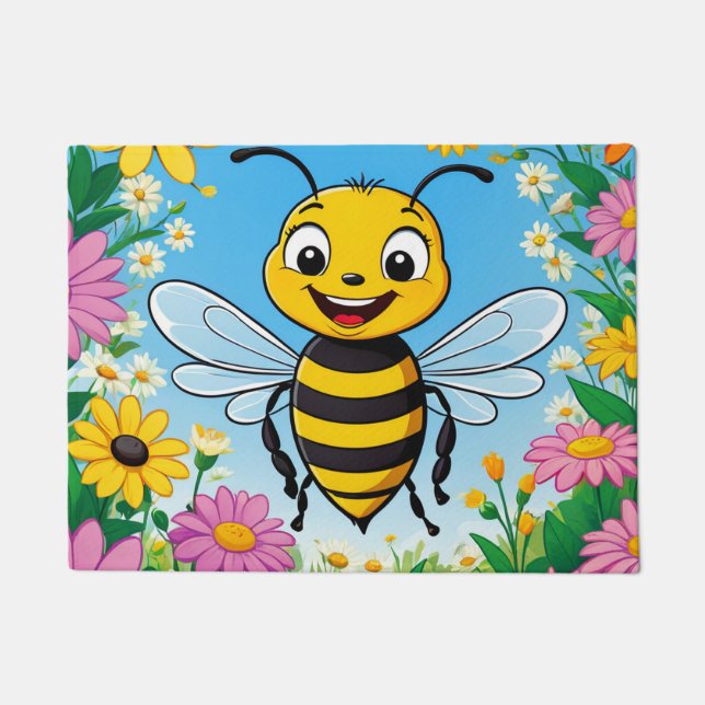 Cartoon Bee Colourful Flowers  Doormat (Front)