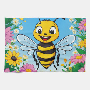 Cartoon Bee Colourful Flowers Kitchen Towel