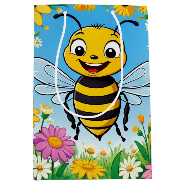 Cartoon Bee Colourful Flowers  Medium Gift Bag (Front)