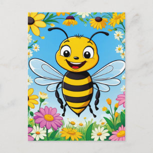 Cartoon Bee Colourful Flowers  Postcard