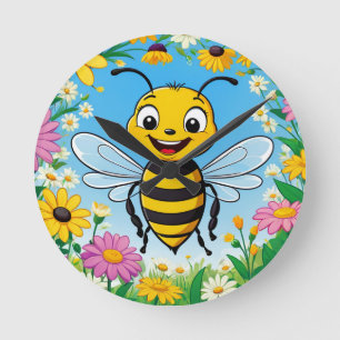 Cartoon Bee Colourful Flowers  Round Clock