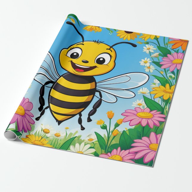 Cartoon Bee Colourful Flowers  Wrapping Paper (Unrolled)