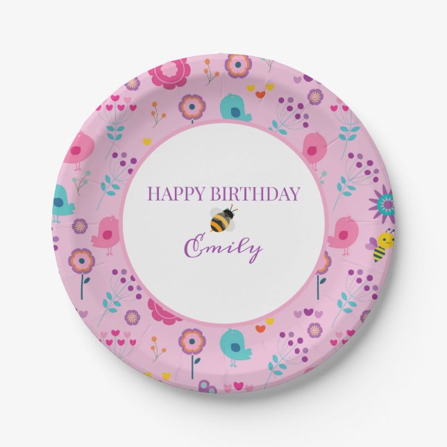 Cartoon Bees and Birds Paper Plate (Front)