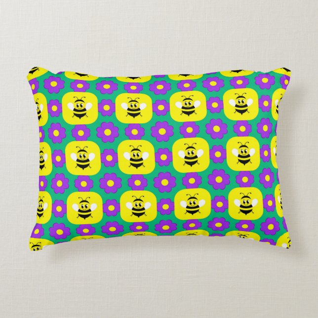 Cartoon Bees and Flowers Accent Pillow (Front)