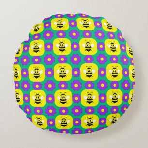 Cartoon Bees and Flowers Round Pillow
