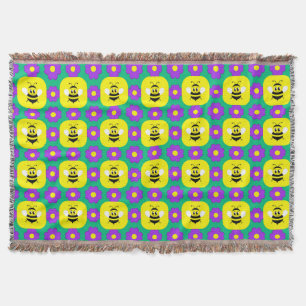 Cartoon Bees and Flowers Throw Blanket