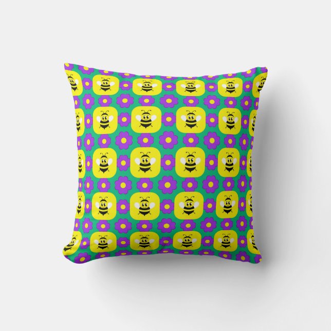 Cartoon Bees and Flowers Throw Pillow (Front)
