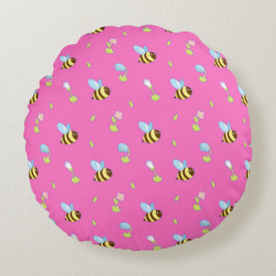 🌸 Cartoon Bees Floral Cute Cozy Home Style 🌸 Round Pillow