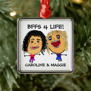 Cartoon Best Friend BFFs Blonde and Brunette Metal Ornament
