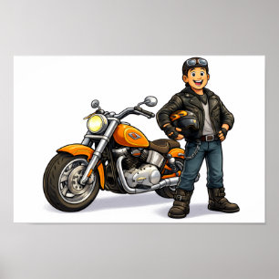 Cartoon Biker with Powerful Motorcycle Rider Art Poster