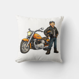 Cartoon Biker with Powerful Motorcycle Rider Art Throw Pillow
