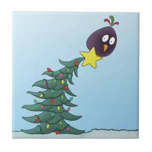 Cartoon Bird Christmas Tree Star Tile