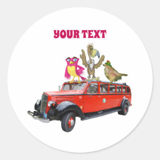  Cartoon Birds Riding Van to Fun Ride Destination Classic Round Sticker