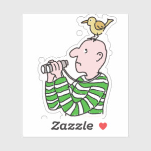 Cartoon birdwatcher with bird on his head.