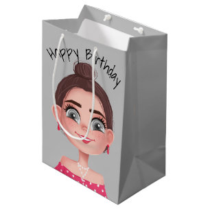 Cartoon Birthday Girl On Grey  Medium Gift Bag