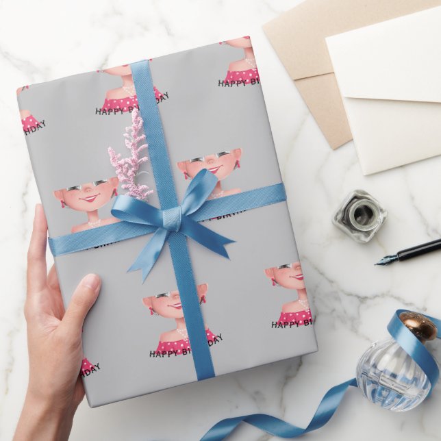 Cartoon Birthday Girl On Grey Wrapping Paper (Gifting)