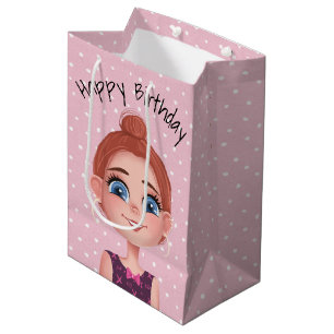 Cartoon Birthday Girl On Polka Dots Medium Gift Bag
