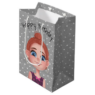 Cartoon Birthday Girl On Polka Dots Medium Gift Bag
