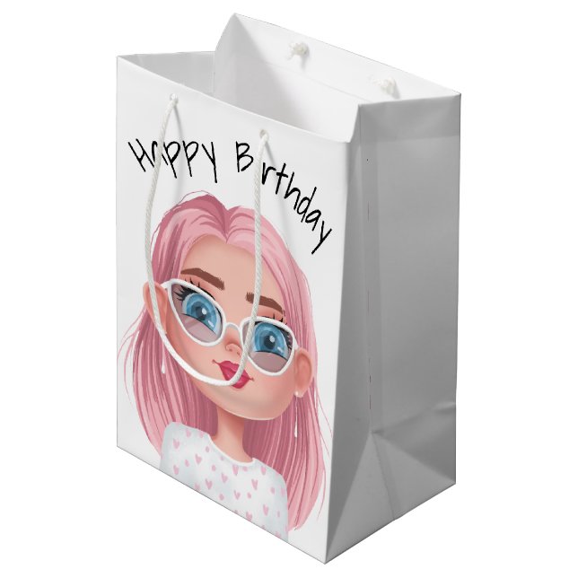 Cartoon Birthday Girl On White  Medium Gift Bag (Front Angled)