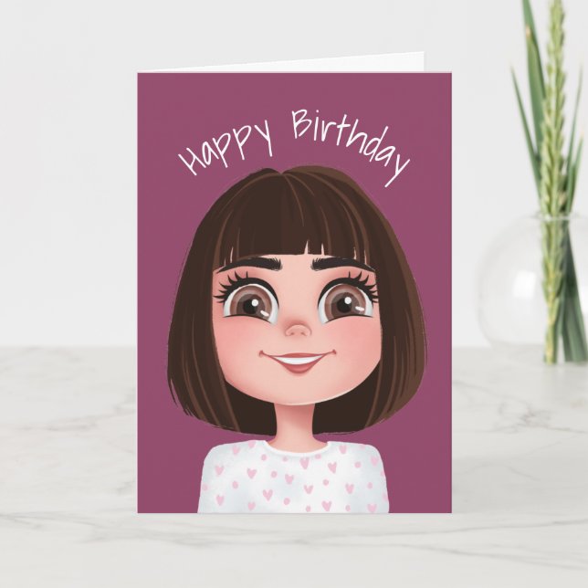 Cartoon Birthday Girl With Big Eyes  Card (Front)
