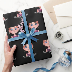Cartoon Birthday Girl with Big Eyes  Wrapping Paper
