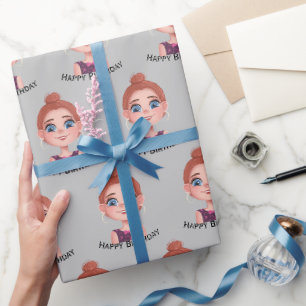 Cartoon Birthday Girl with Big Eyes Wrapping Paper