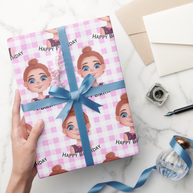 Cartoon Birthday Girl with Big Eyes   Wrapping Paper (Gifting)