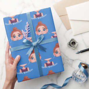 Cartoon Birthday Girl with Big Eyes Wrapping Paper
