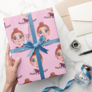 Cartoon Birthday Girl with Big Eyes Wrapping Paper