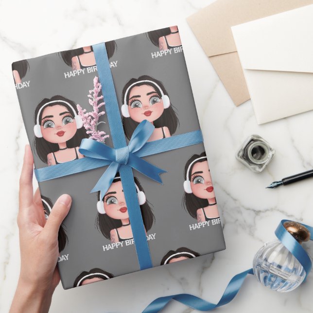 Cartoon Birthday Girl with Headphones Wrapping Paper (Gifting)