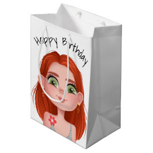 Cartoon Birthday Redhead Girl On White  Medium Gift Bag