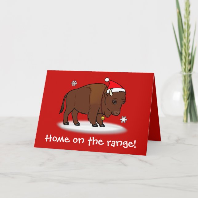 Cartoon Bison with Santa Hat Holiday Card (Front)